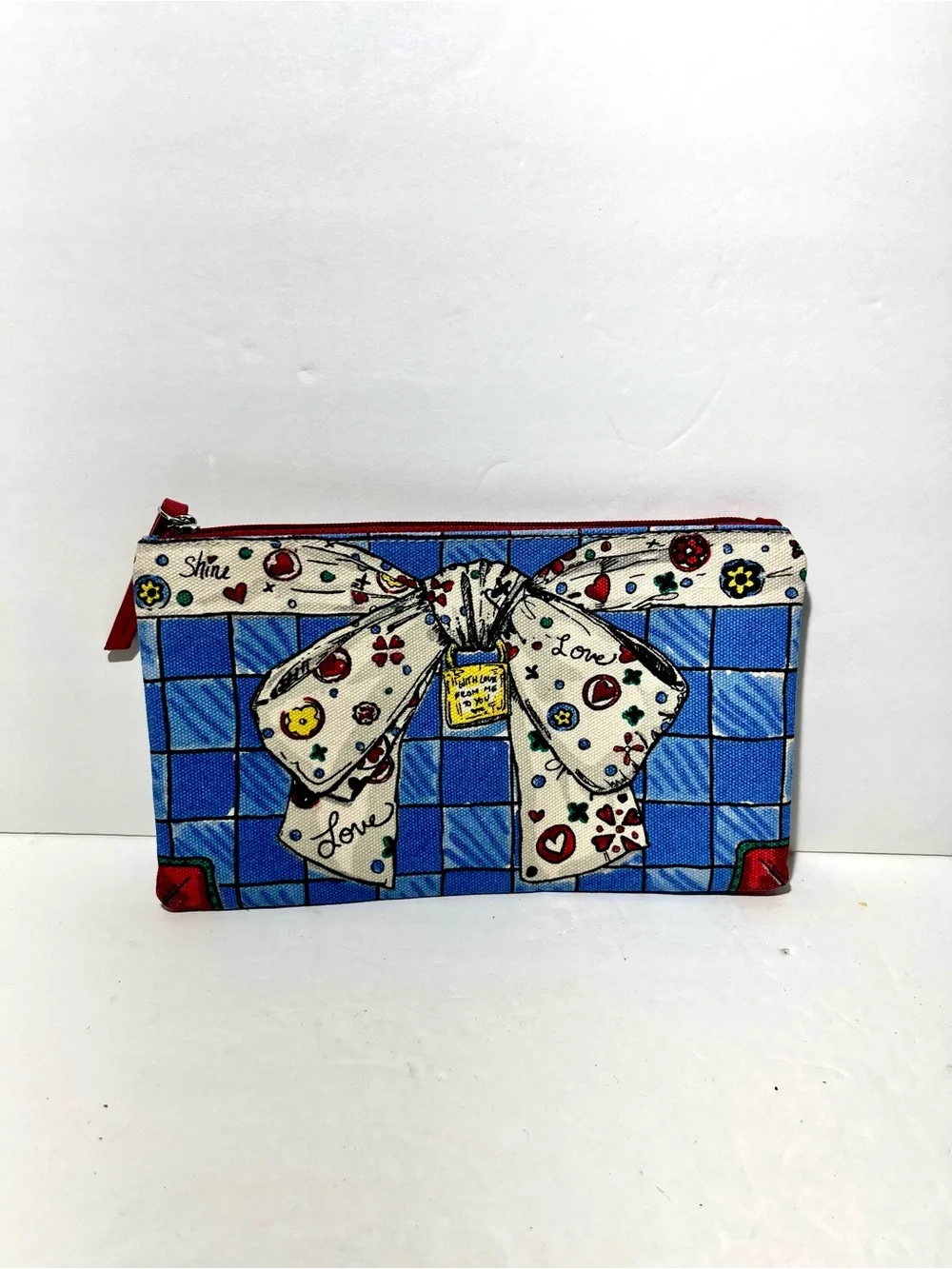 😍 Brighton Blue Plaid Cosmetic Pouch with Cream Bow Accent